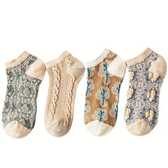 Retro Style Floral Textured Ankle Socks for Women