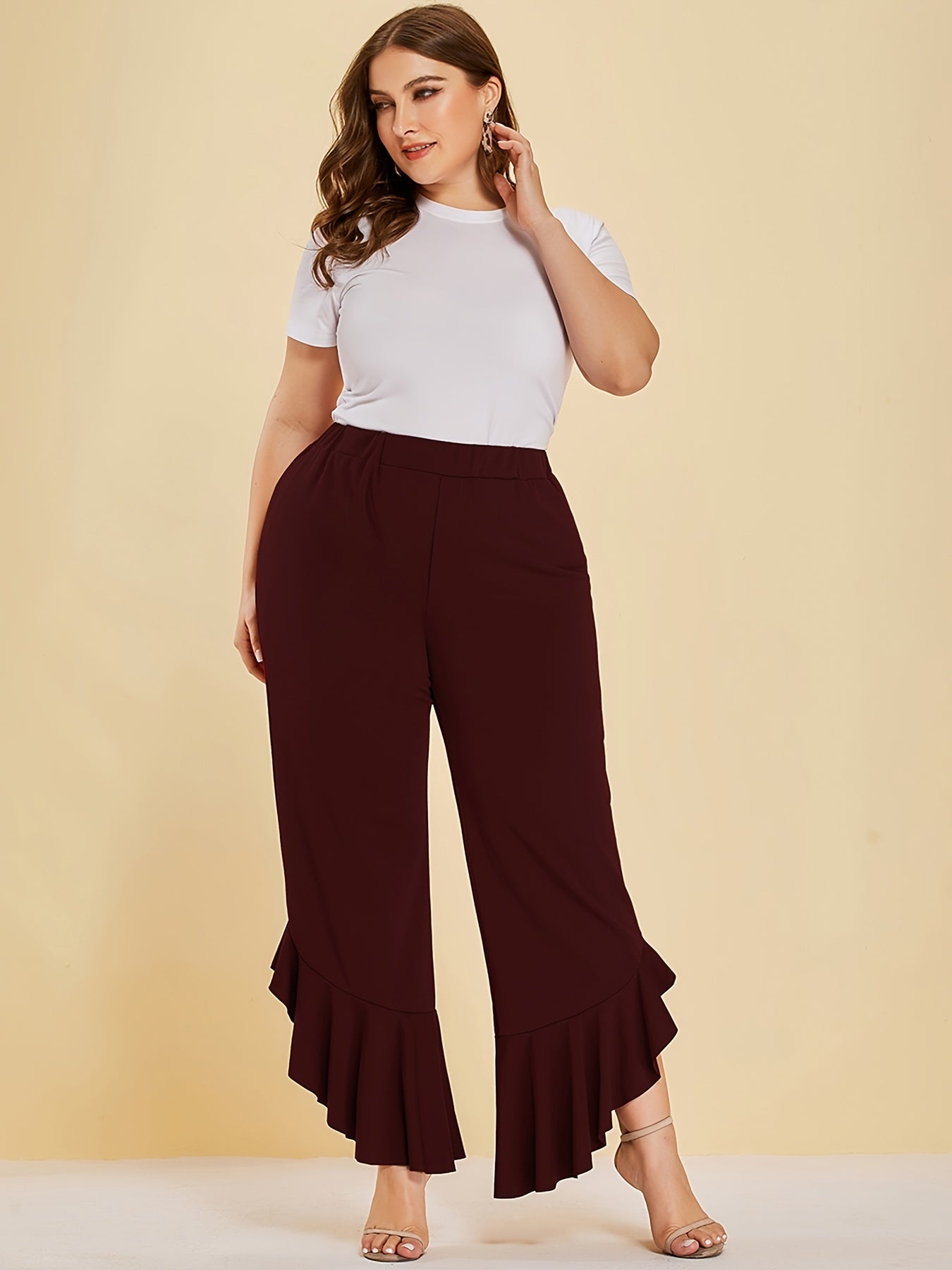  Ruffle Trim Split Pants Women's Plus Stretch Pants