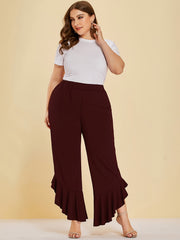  Ruffle Trim Split Pants Women's Plus Stretch Pants