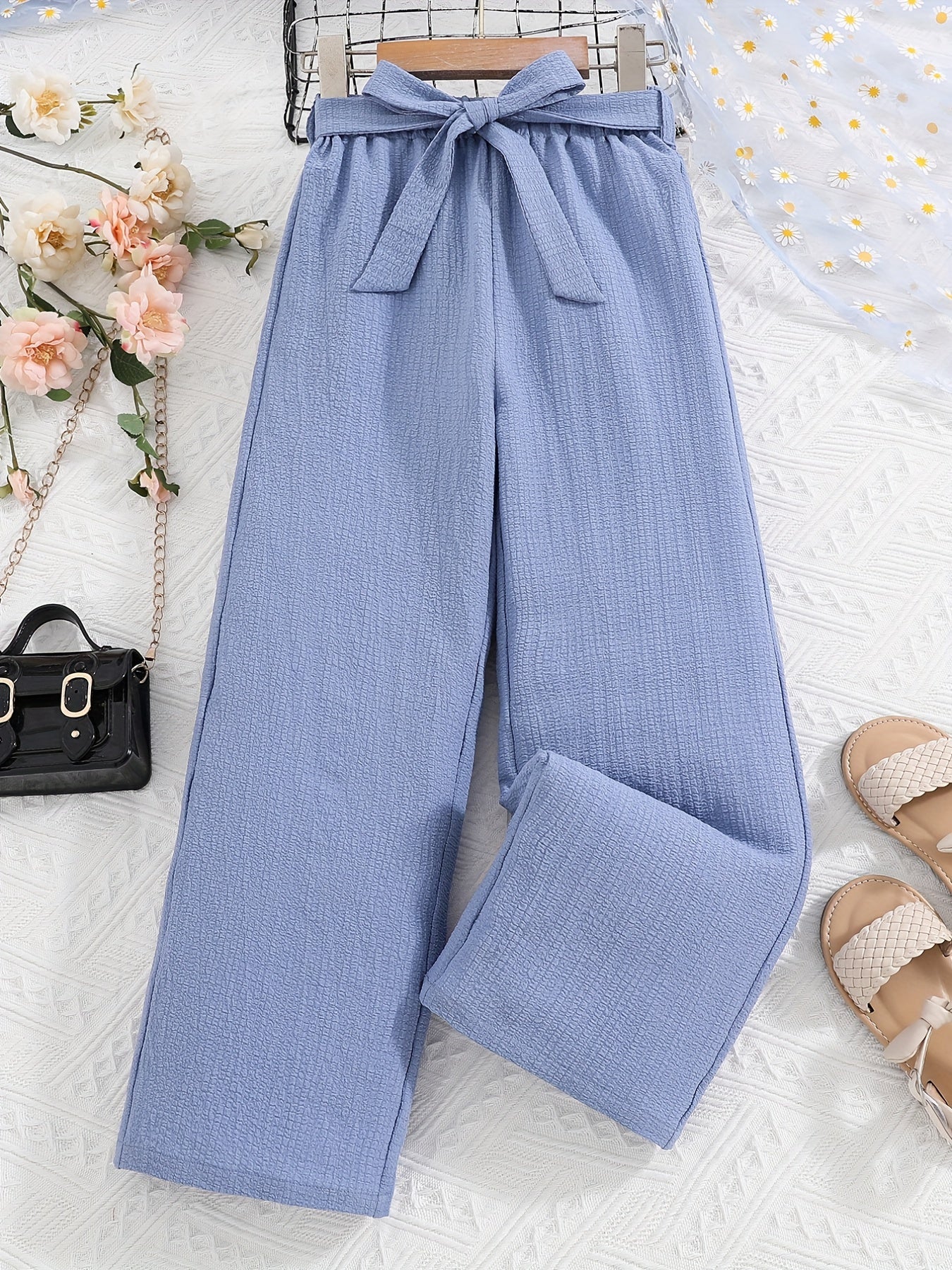 Girls Casual Loose Wide Leg Pants with Belted Waist Summer Clothes