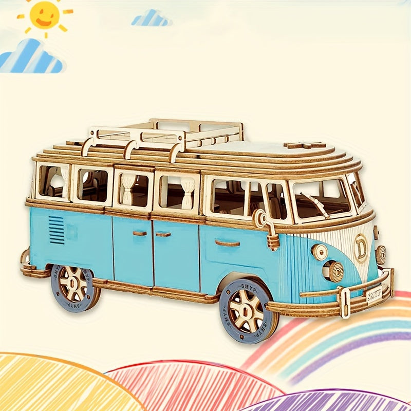 3D Wooden Puzzle Camping Car Model Educational Building Block Toy