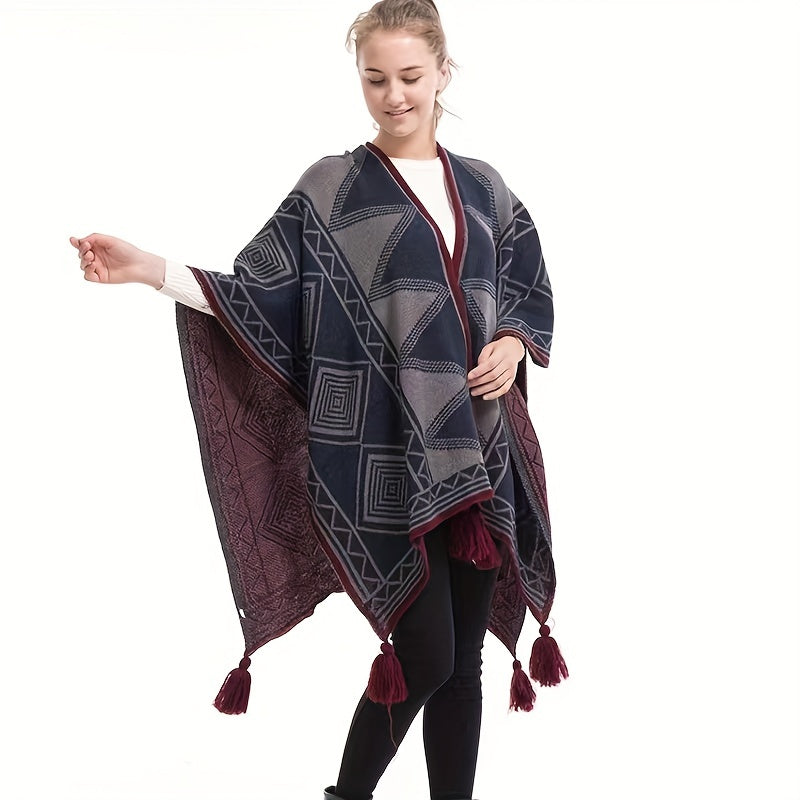 Geometric Pattern Shawl Large Warm Tassel Shawl Wrap