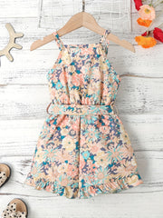 Girls Graphic Suspender Jumpsuit With Waist Belt Summer Kids Clothes