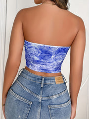 Floral Print Tube Top Sexy Backless Slim Ruched Sleeveless Top