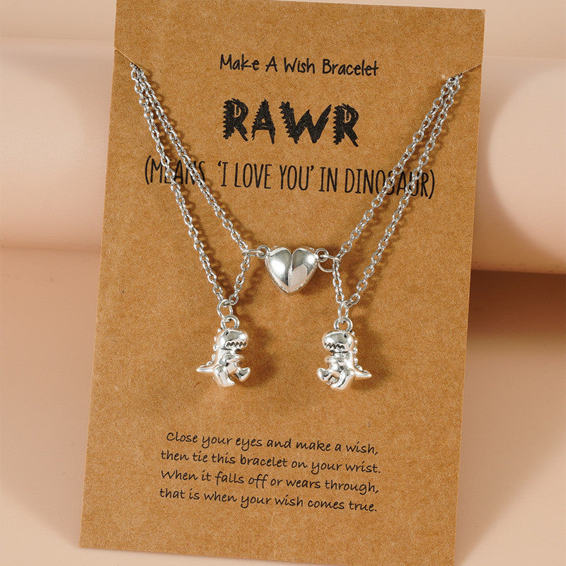 Couple Magnet Heart Dinosaur Pendant Necklaces for Friendship