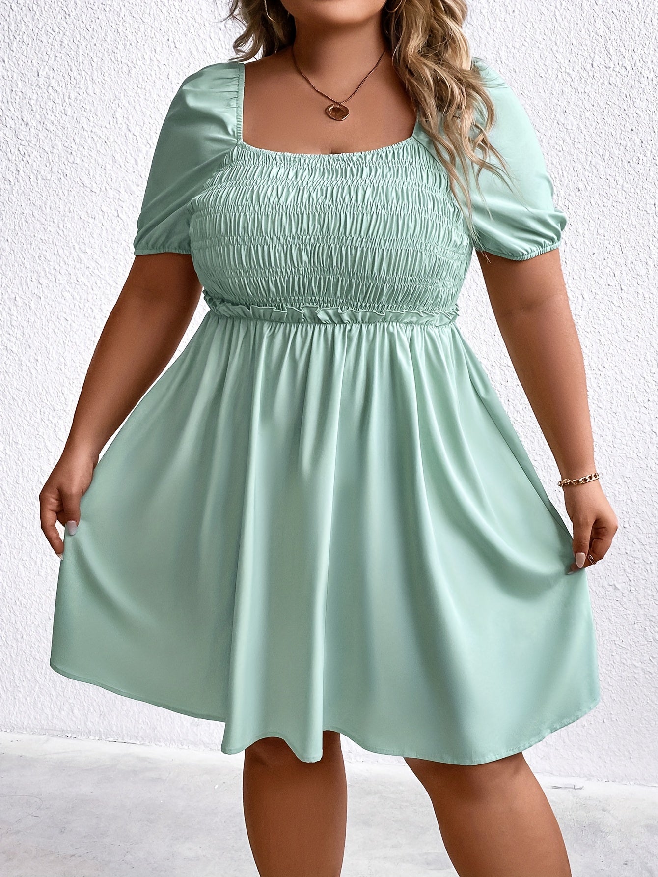  Solid Shirred Puff Sleeve Mini Dress