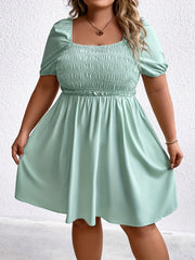  Solid Shirred Puff Sleeve Mini Dress