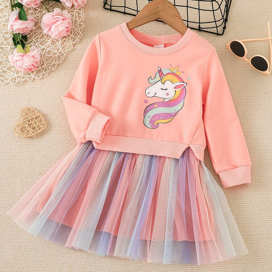 Toddler Girls Unicorn Graphic Mesh Spliced Dress Kids Party Clothes