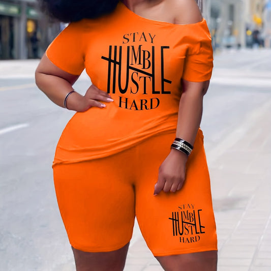 Women's Plus Letter Print Tee & Shorts Two Piece Set