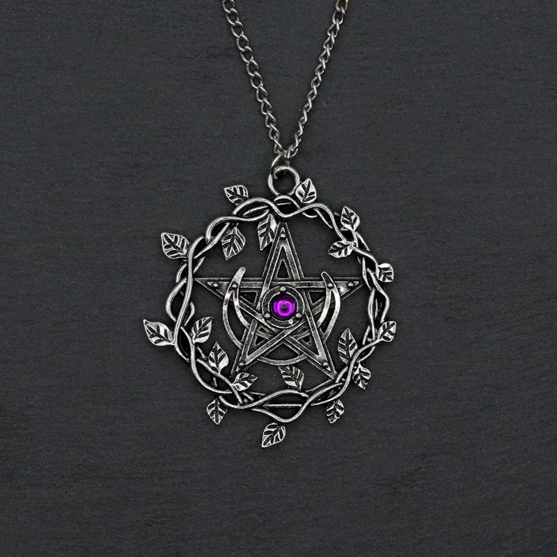 Vintage Pentagram Leaf Purple Gemstone Pendant Necklace