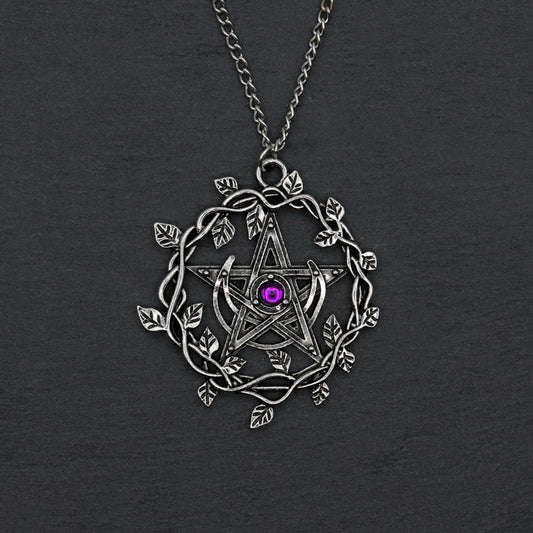 Vintage Pentagram Leaf Purple Gemstone Pendant Necklace