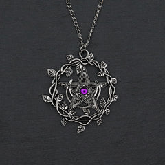 Vintage Pentagram Leaf Purple Gemstone Pendant Necklace