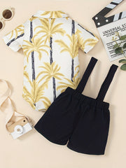 2pcs Baby Boys Coconut Tree Onesie & Suspender Shorts Set