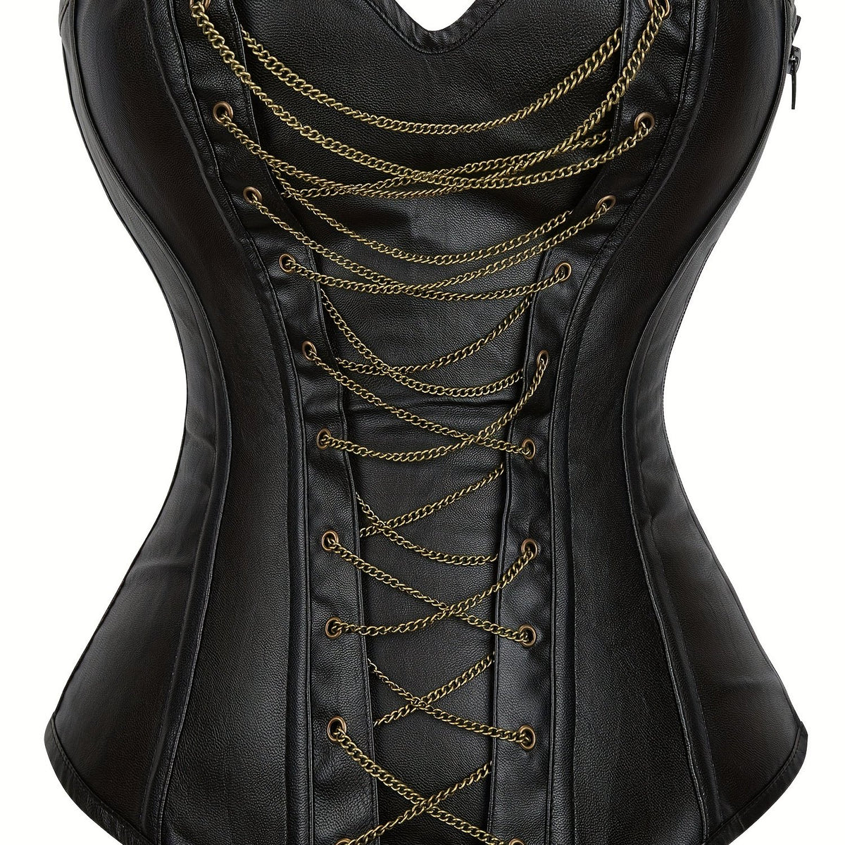 Chain Decor Strapless Corset Bustier Tummy Control Lace Up Zipper Body Shaper
