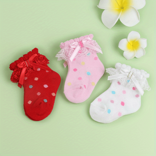 3 Pairs Baby Girls Lace Ruffled Socks Bowknot Decoration