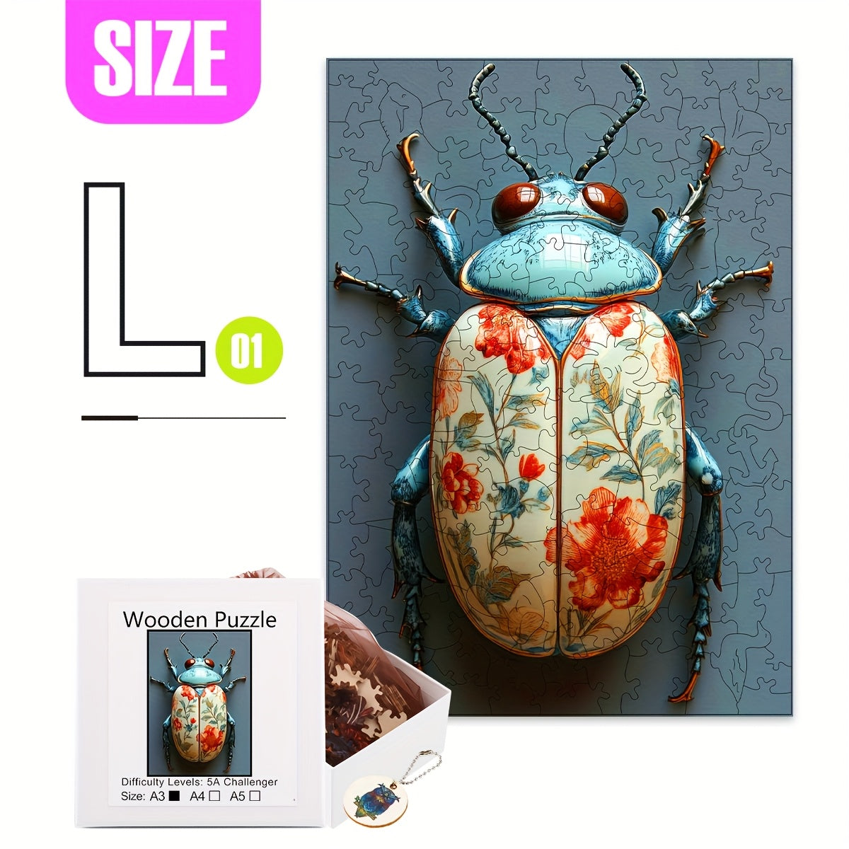 3D Puzzling Insect Puzzle Vibrant Beetle with Floral Wooden Ideal for Ages 3
