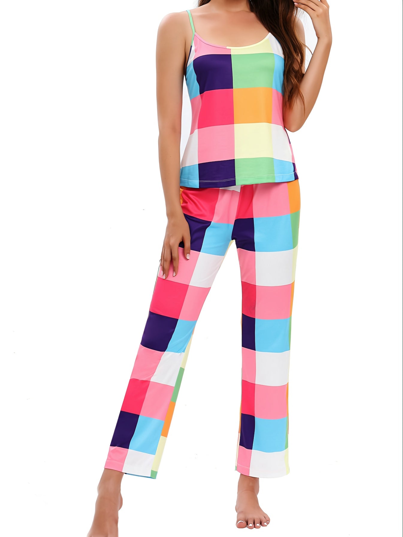 Plaid Lounge Set Crew Neck Cami Top & Pants Women's Loungewear