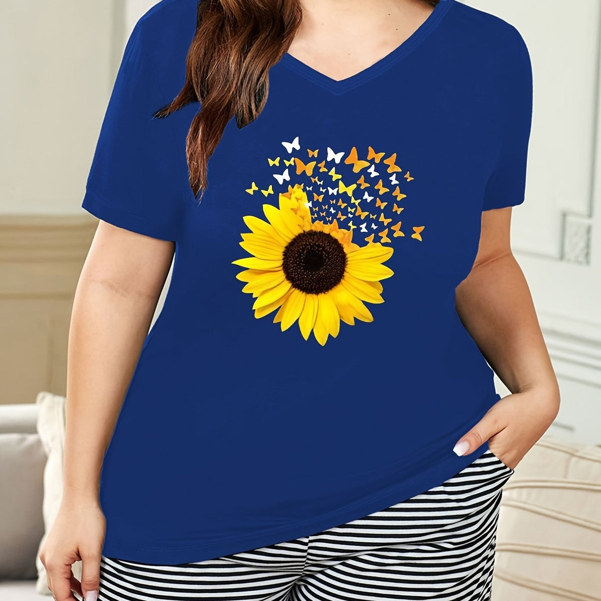  Sunflower & Butterfly Print V Neck Pajama Top