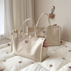 Large Capacity Bear Print Canvas Tote Bag Lightweight Shoulder Bag