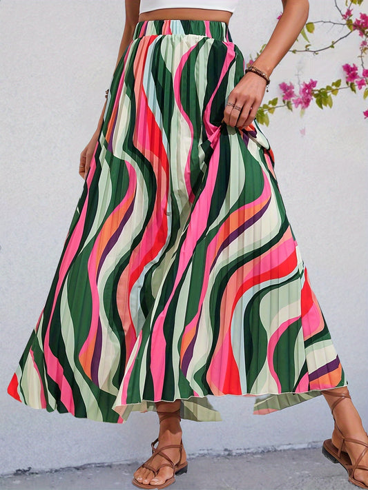 Abstract Print Pleated Maxi Skirt Women's Clothing