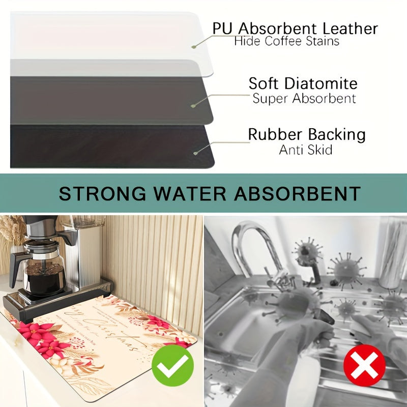 Christmas Printed Drying Mat Non-slip Absorbent Rubber Drainage Mat