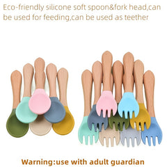 Silicone Spoon & Fork Set Mini Wooden Handle Utensils