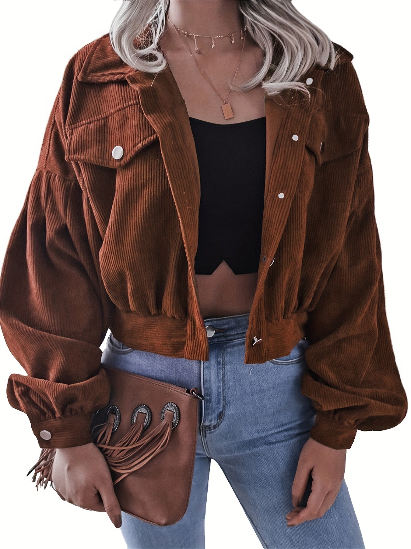 Corduroy Crop Jacket Long Sleeve for Fall & Winter Women's Clothing