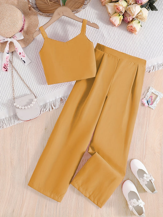 2 Pcs Girls' Cropped Cami Shirt & High Waist Trousers Set For Party
