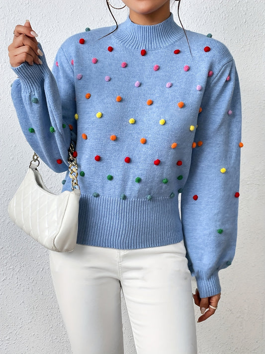  Colorful Thread Ball Decor Lantern Sleeve Mock Neck Sweater