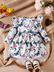 Colorful Butterfly Printed Long Sleeve Flying Sleeve Dress for Baby Girls