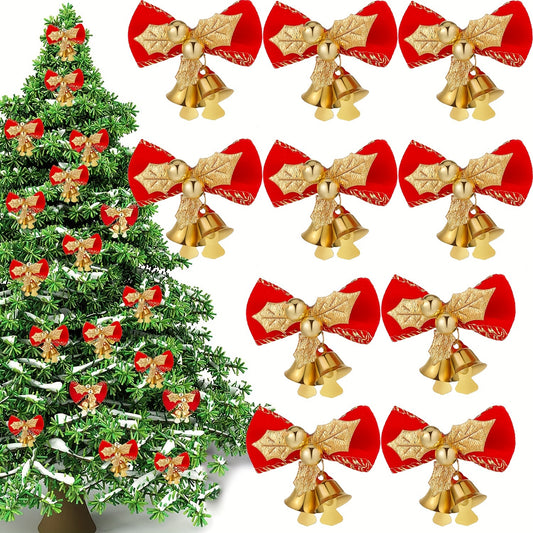 10pcs Christmas Bows With Bells Red Golden Ornaments For Christmas Tree
