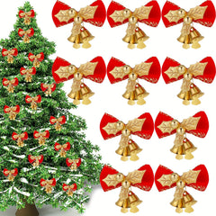 10pcs Christmas Bows With Bells Red Golden Ornaments For Christmas Tree