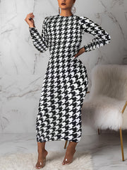  Houndstooth Print Long Sleeve Round Neck Maxi Dress
