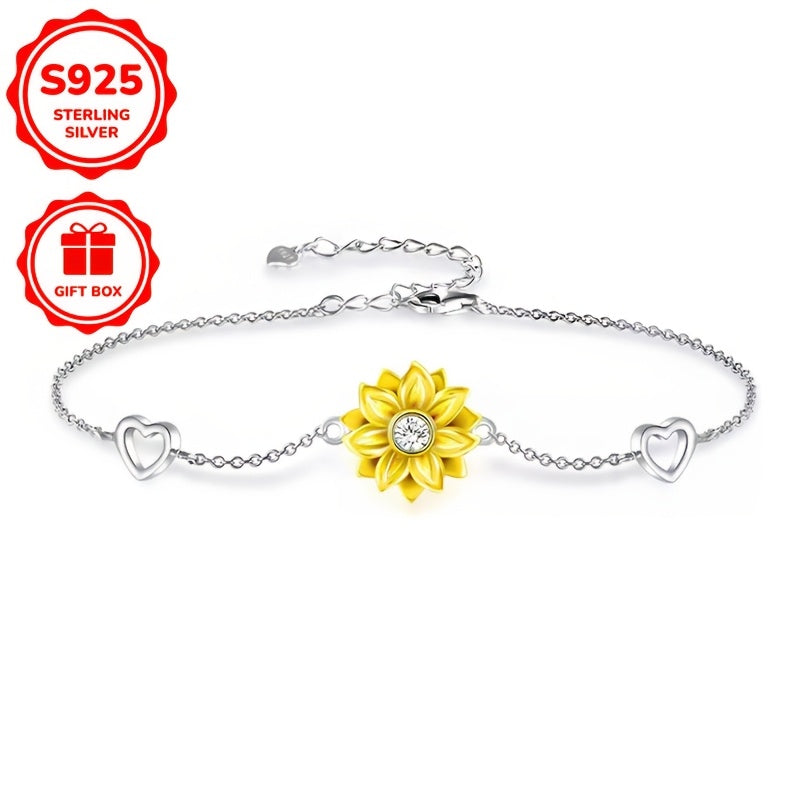 Sunflower & Heart Charm Bracelet with CZ 925 Sterling Silver