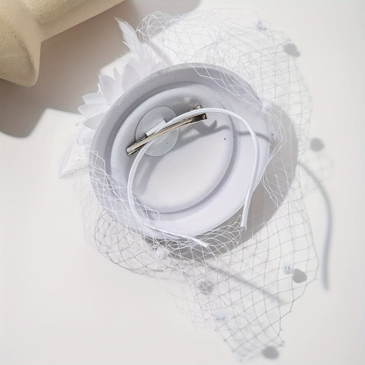 Women's Mesh Beret Top Hat Headband with Feather Accents