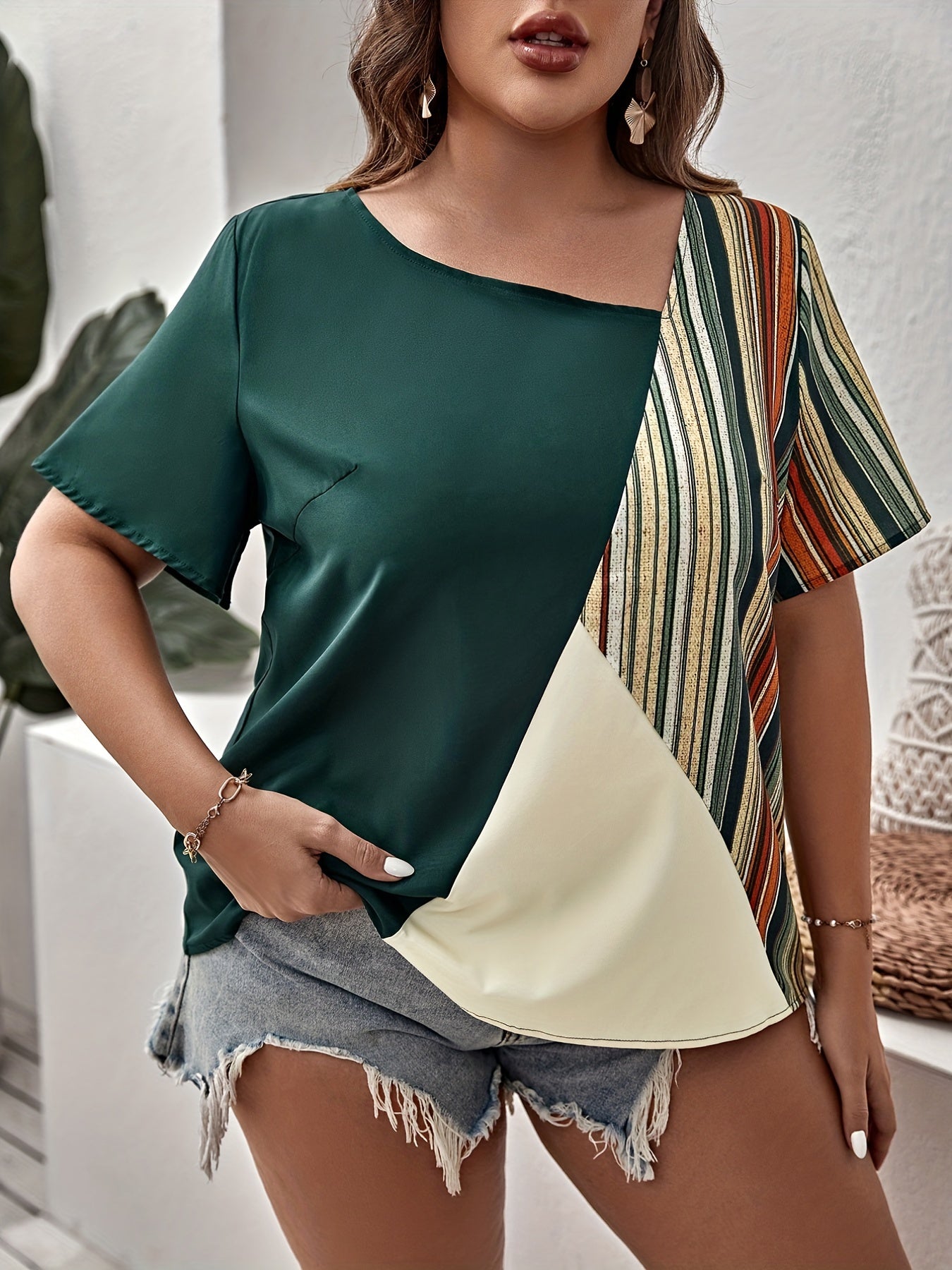  Colorblock Stripe Print Short Sleeve Top