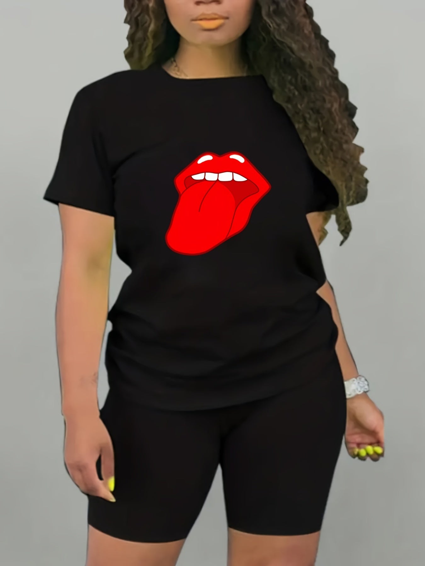  Mouth Print Short Sleeve Tee & Shorts Set