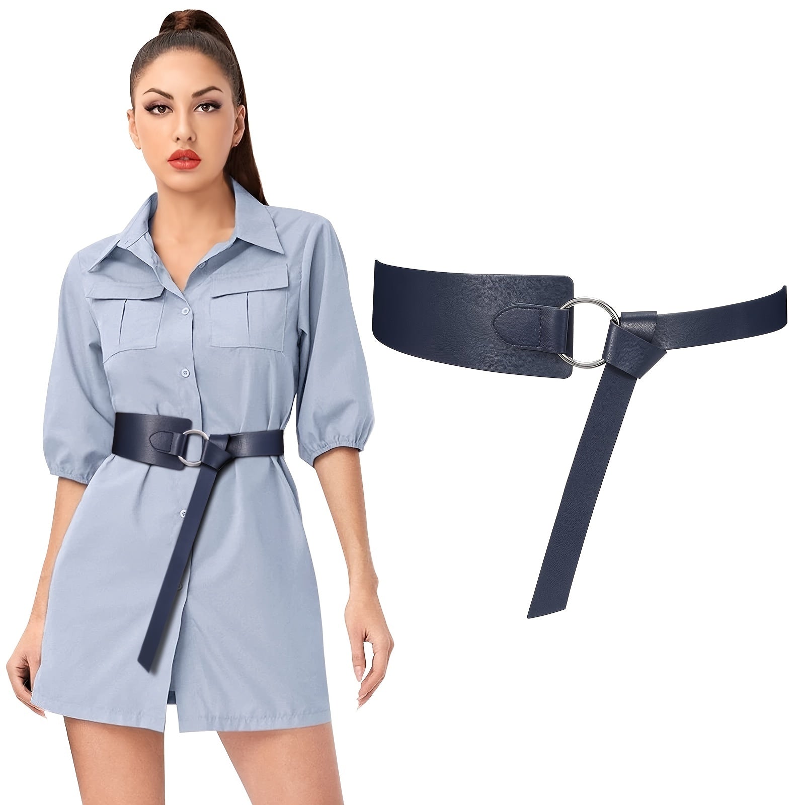 Wide PU Leather Waist Belt Knot Adjustable Belt O Ring Buckle