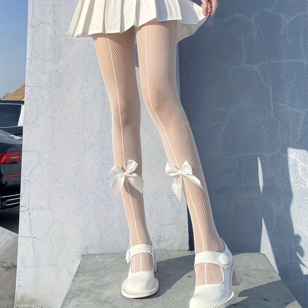 2 Pack Bow Decor Fishnet Tights High Waist Mesh Pantyhose Women's Stockings