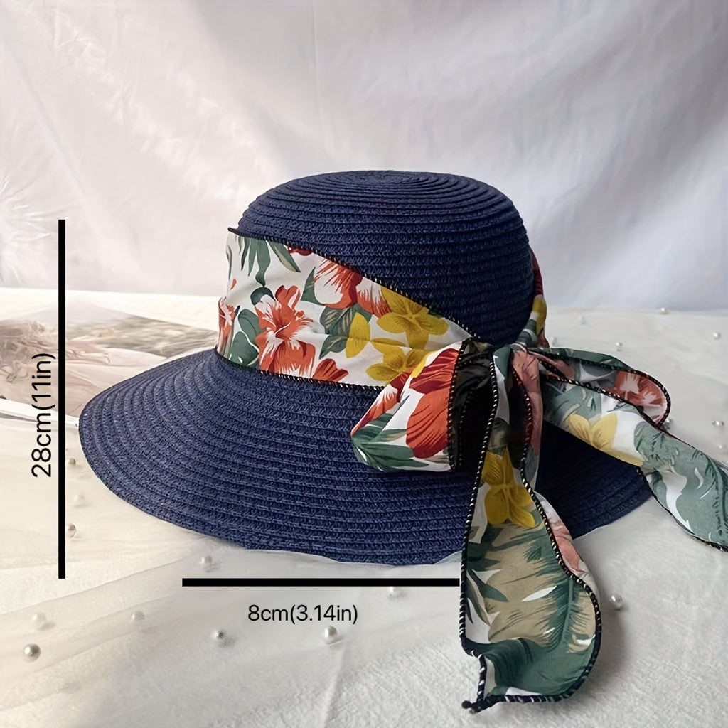 Wide Brim Sun Hat Flower Print Ribbon Bowknot Decor Travel Beach Hats UV Protect