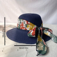 Wide Brim Sun Hat Flower Print Ribbon Bowknot Decor Travel Beach Hats UV Protect