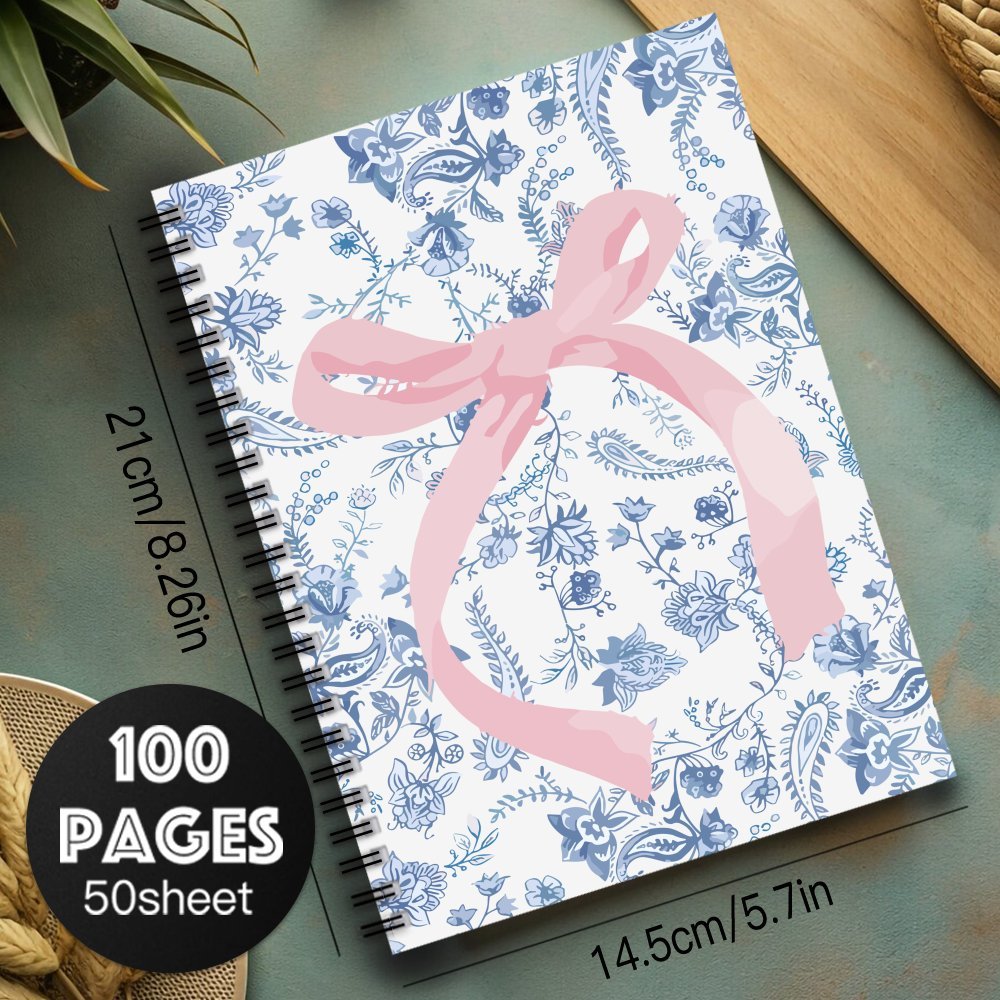Pink Bow Tie Spiral Notebook Floral 100 Pages Perfect Gift