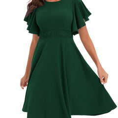 Ruffle Sleeve Slim Dress Zip Back Crew Neck