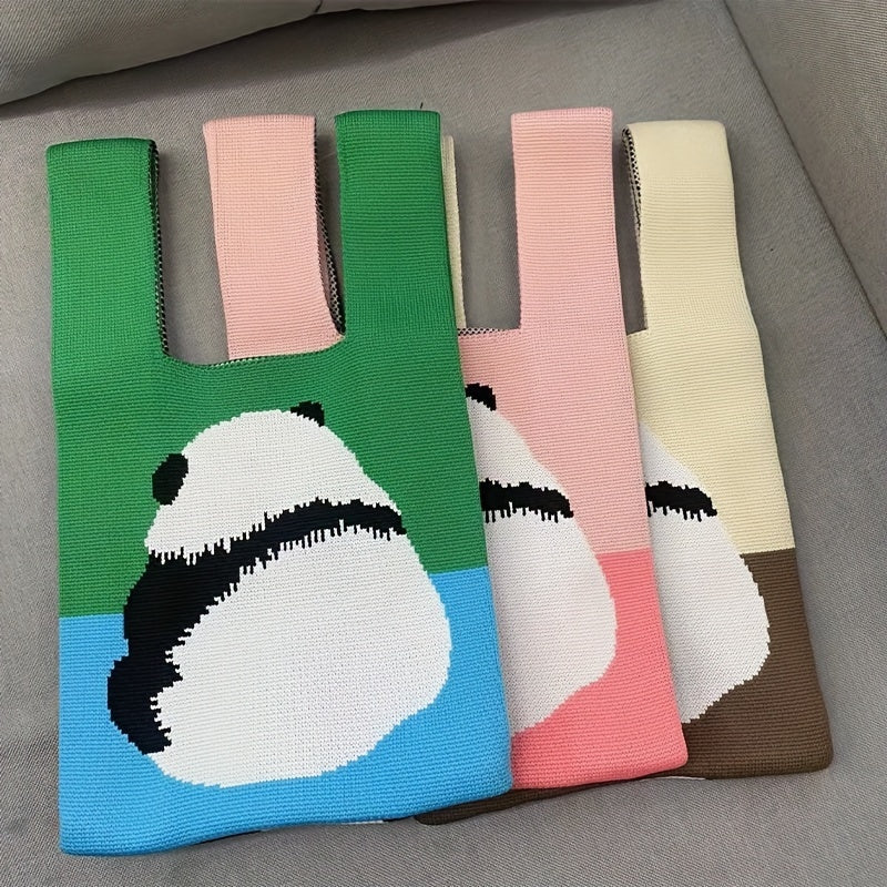 Knitted Panda Pattern Handbag Colorblock Satchel Bag