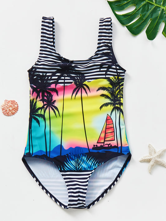 Girls Coconut Tree Stripe Swimsuit Kids Beach Bathing Suit