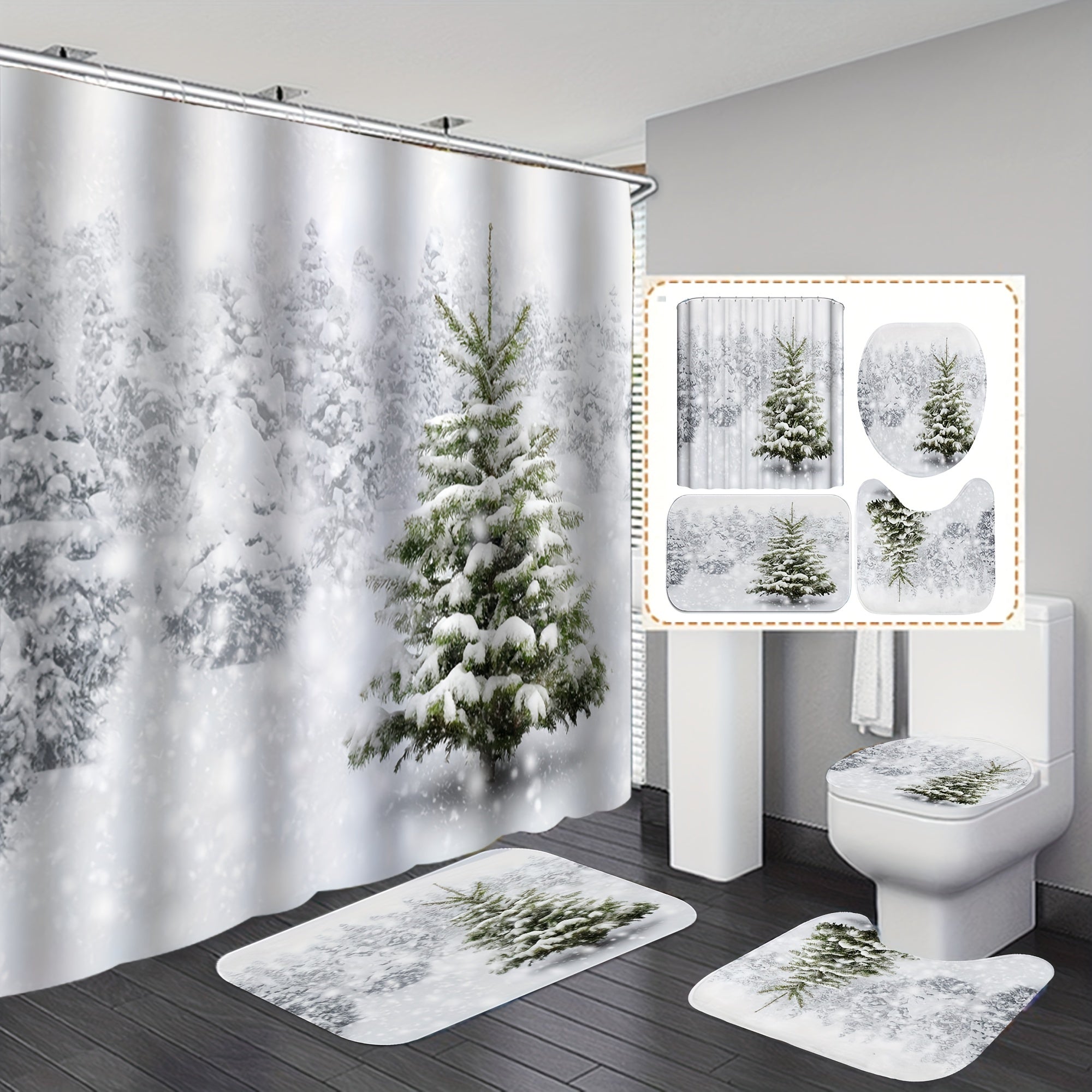 4pcs Christmas Tree Shower Curtain Set Waterproof Shower Curtain with 12 Hooks