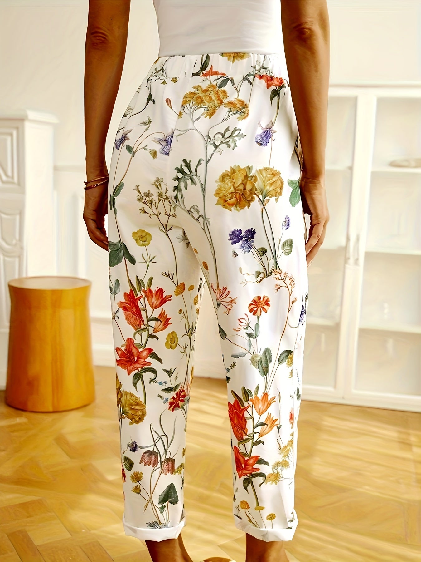 Floral Print Plus Size Straight Leg Pants with Pockets