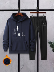 Men's Cats Print 2Pcs Outfits: T Shirt & Hooded Sweatshirt Set