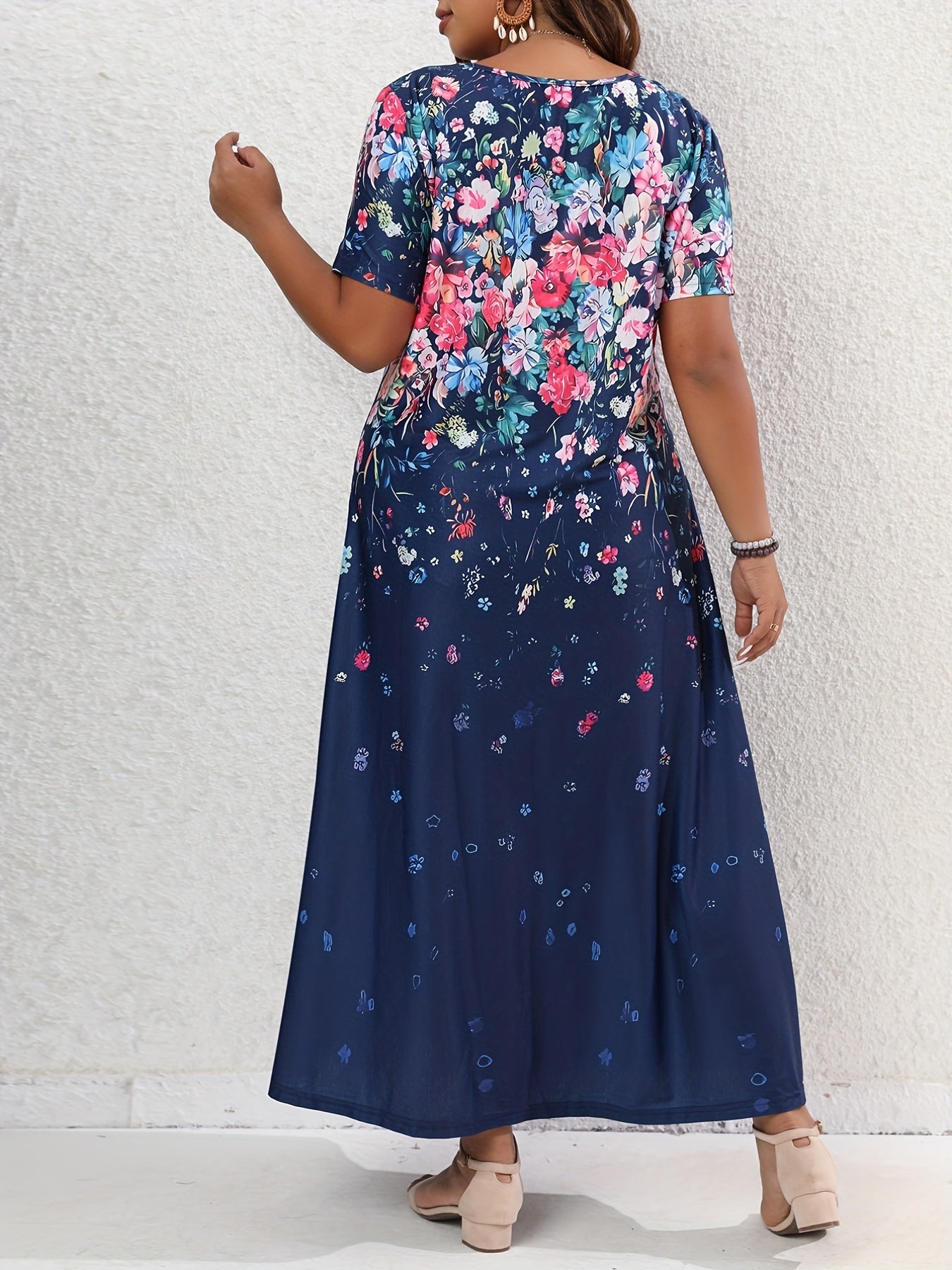  Floral Print Short Sleeve Maxi Dress With Pockets