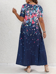  Floral Print Short Sleeve Maxi Dress With Pockets